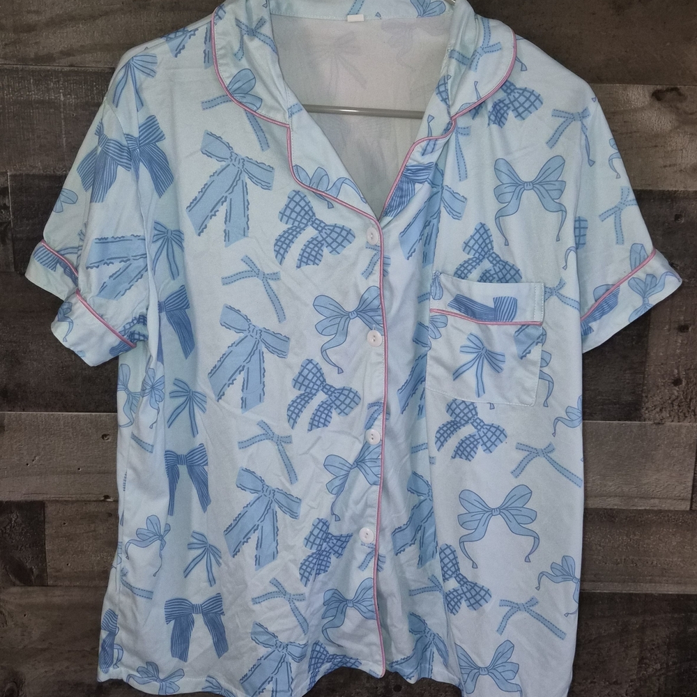 Light Blue Bow-Print Short Sleeve Pajama Set